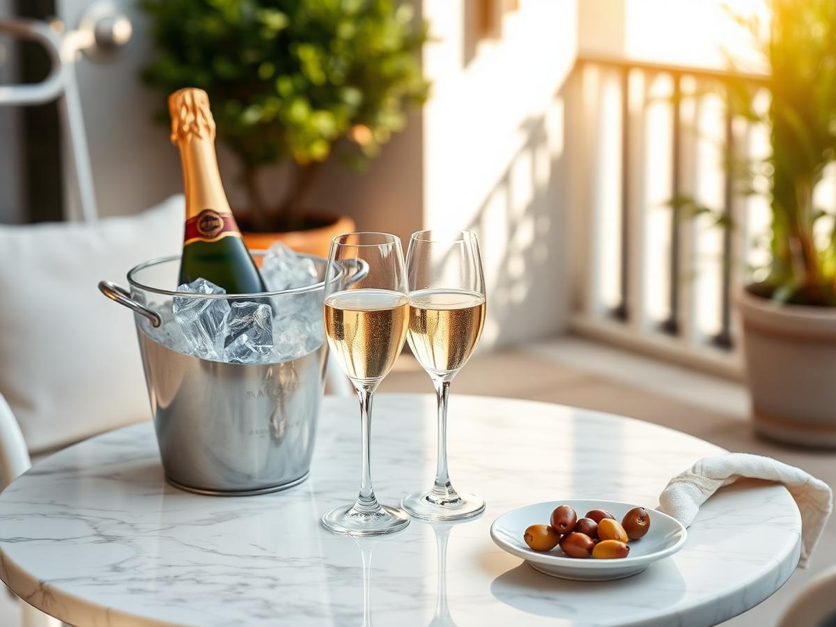 Prosecco v chladiči a dvě sklenky na mramorovém stolku na terase